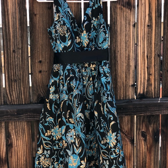 {ModCloth} Gorgeous Black Gold Teal Brocade Dress - Picture 3 of 6